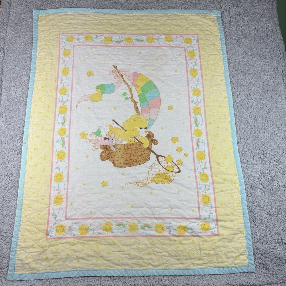 VTG Care Bear "Sunshine Bear" Baby Crib  Blanket Yellow Quilt Blue Boarder 33x44